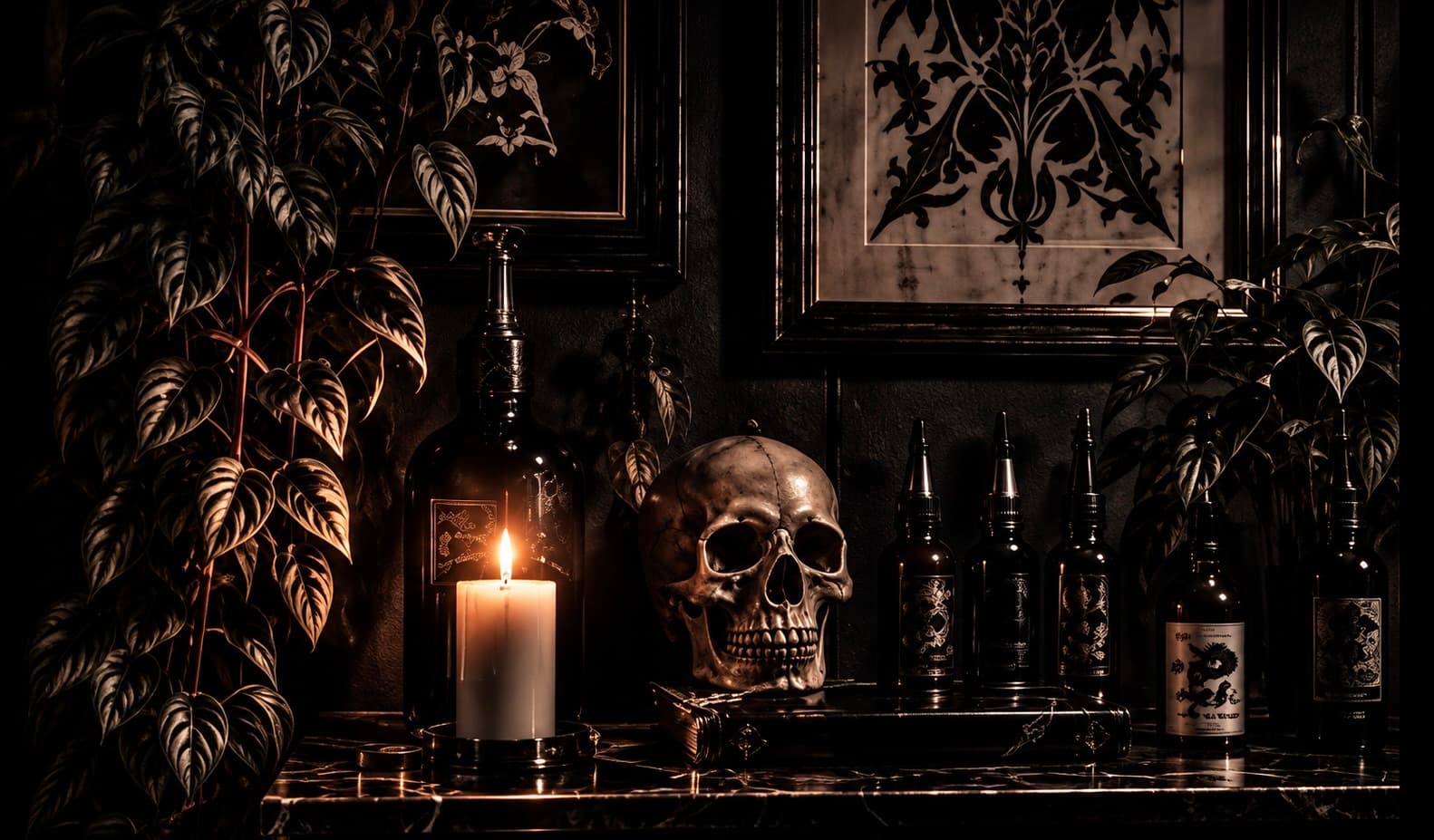 Skull, candle and plants in the studio